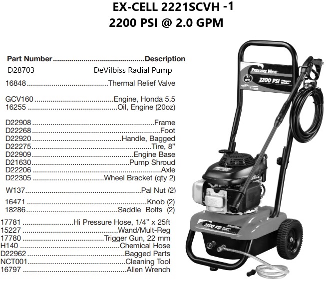 EX-CELL 2221SCVH-1 power washer repair parts